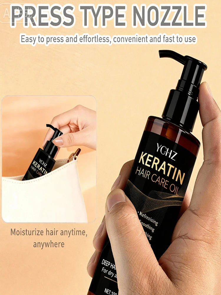 Keratin Hair Oil, Nourishes and Protects Hair, Effective Moisturizing Care, Instantly Makes Hair Shiny and Smooth, with a Charming Fragrance, Suitable for All Types of Dry and Frizzy Hair
