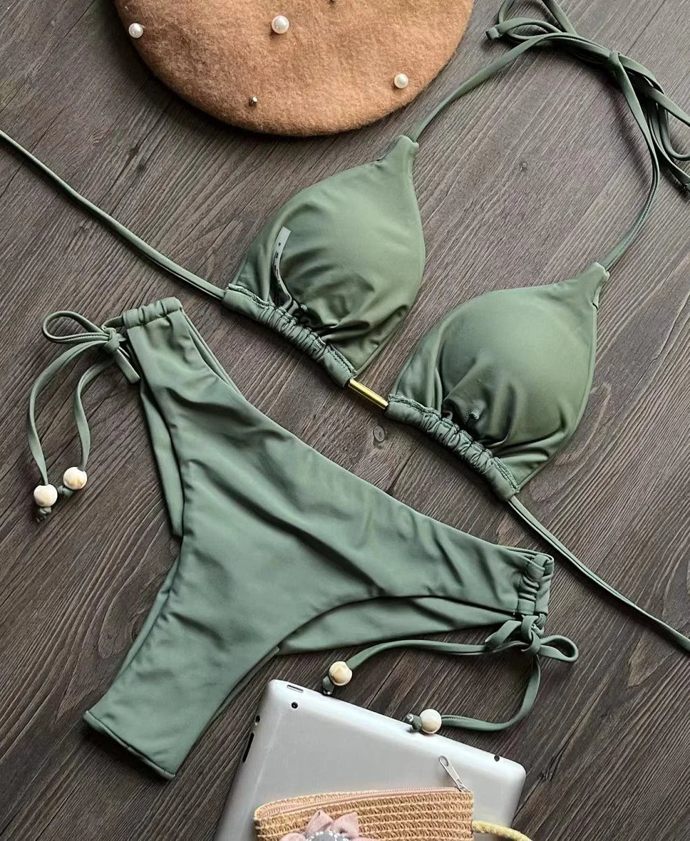 Solid color bikini set 2026 women's new swimsuit 2-piece set bead neck hanging bikinis summer beach Swimwear