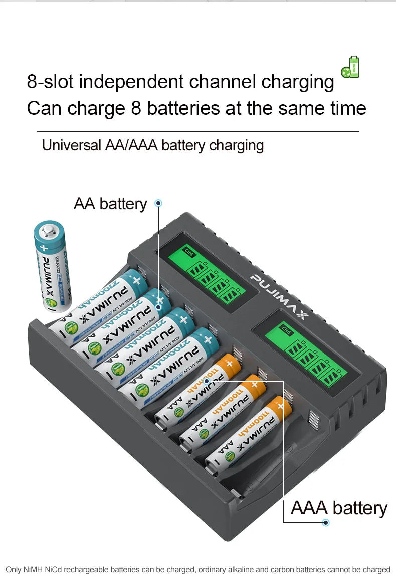 PUJIMAX 8-slot Battery Charger Suitable AAA/AA Rechargeable Battery Short Circuit Protection LED Display Ni-MH/Ni-Cd USB Charger