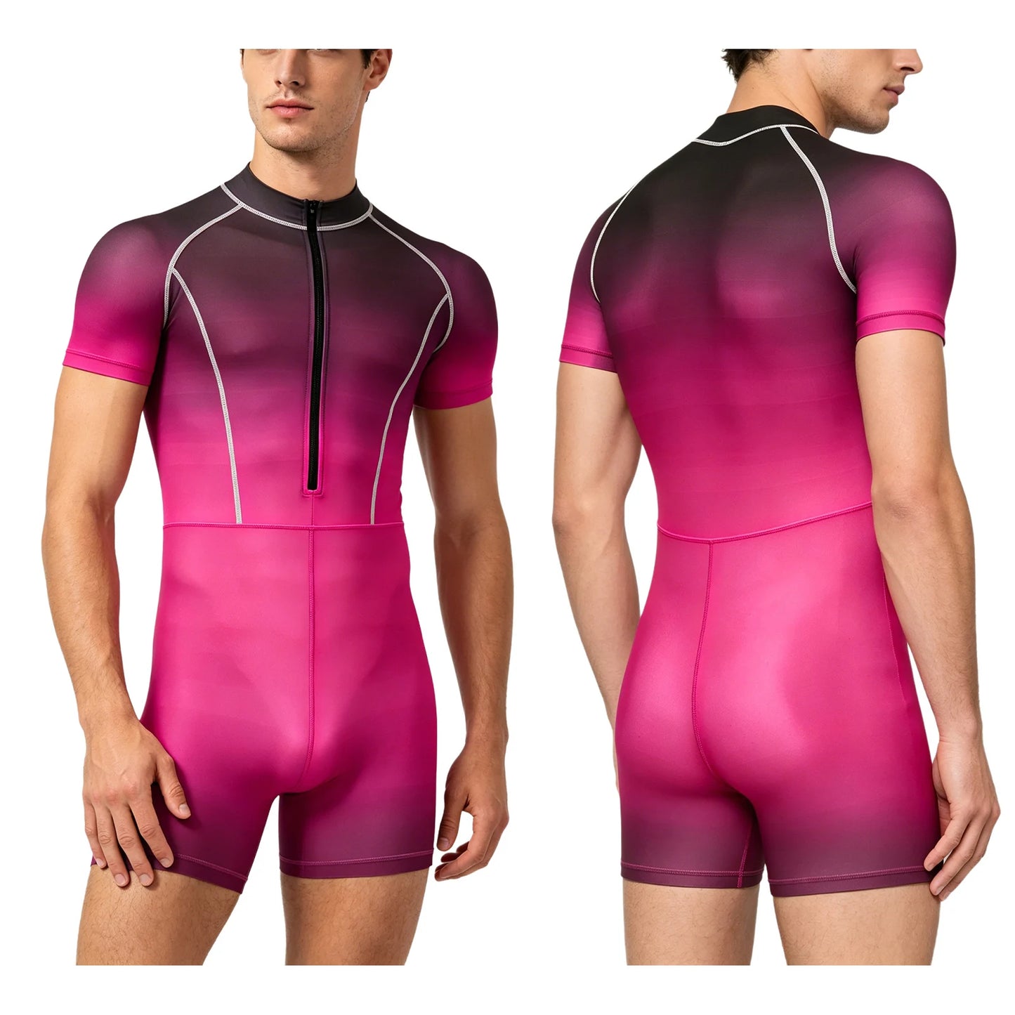Men Gradient Bodysuit Rash Guard Swimwear Wetsuit Short Sleeve Zipper Bathing Suit Surfing Beach Pool Water Sports Wimsuit