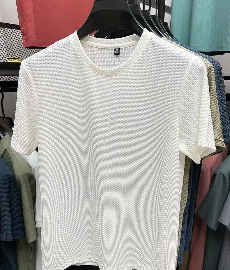 Mesh Ice Silk T-shirt Men's Short sleeved Round Neck New T-sleeved Men's Bottom Shirt Summer Solid Color Men's Top