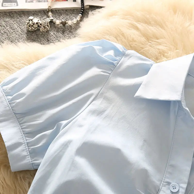 Cropped Summer Shirts Women Simple Office Lady All-match Solid Sweet Short-sleeve Design Chic Young Y2k Tops Popular Slim Preppy