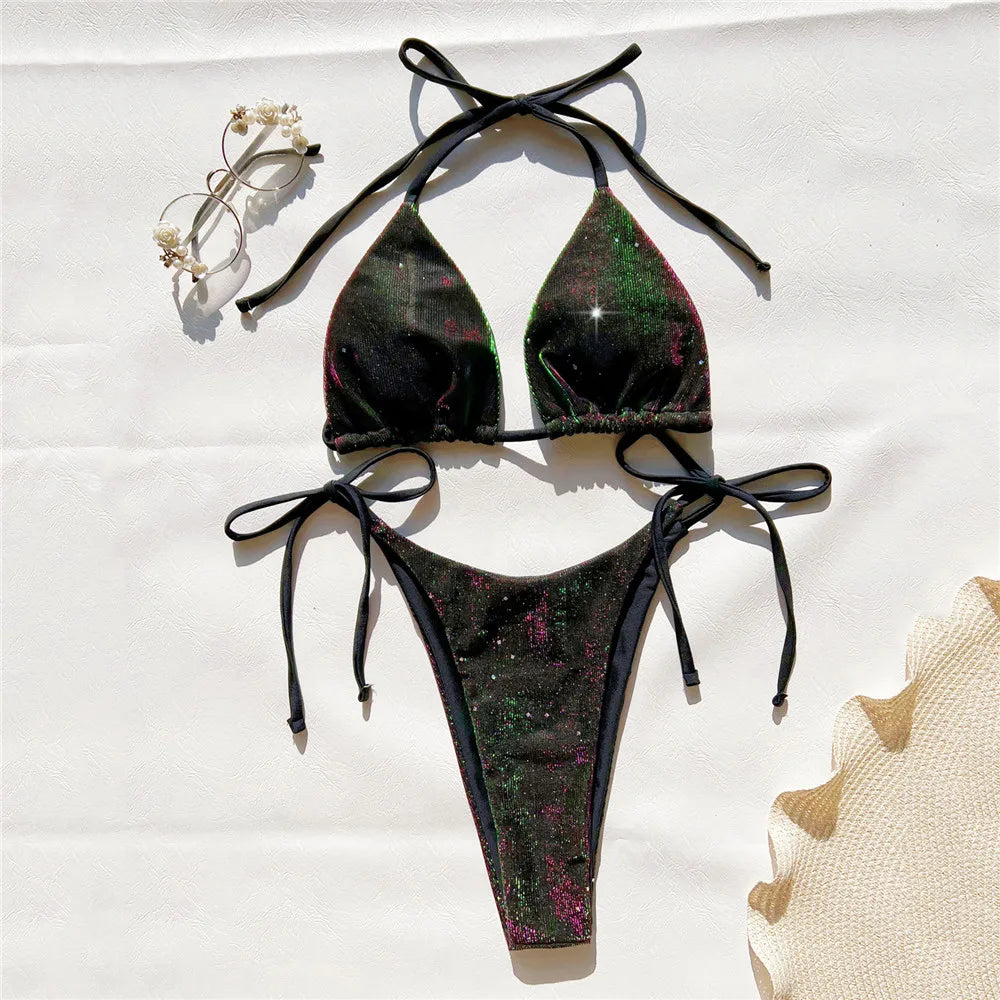 Shiny Purple String Halter Swimwear Triangle Bikinis Sets Swimsuit 2026 Women Micro Thong Lace-up Bathing Suit Sexy Bikini Mujer