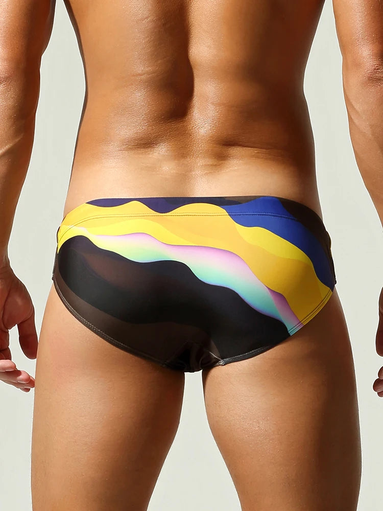Men's Quick Dry Swim Briefs Colorful Wave Print Drawstring Bikini Trunks Low Waist Beach Swimwear Bathing Suits for Men swimsuit