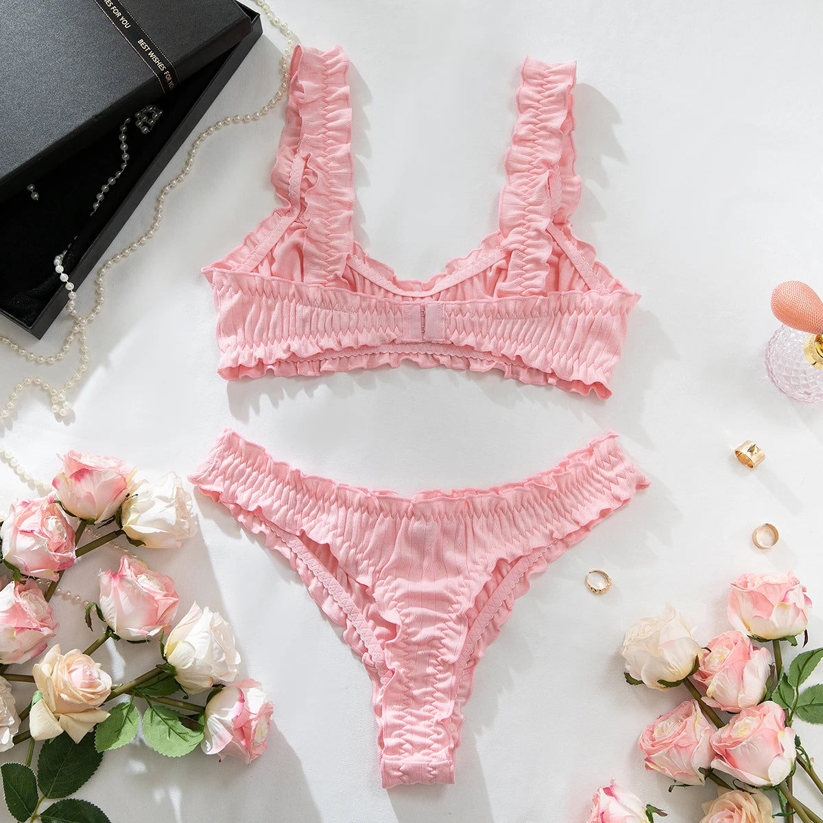 Sexy Women  Ruffle Edge Lingerie Set Breathable Hollow Eyelet Texture Bralette & High‑Cut Thong Soft Cotton Daily Intimate Wear