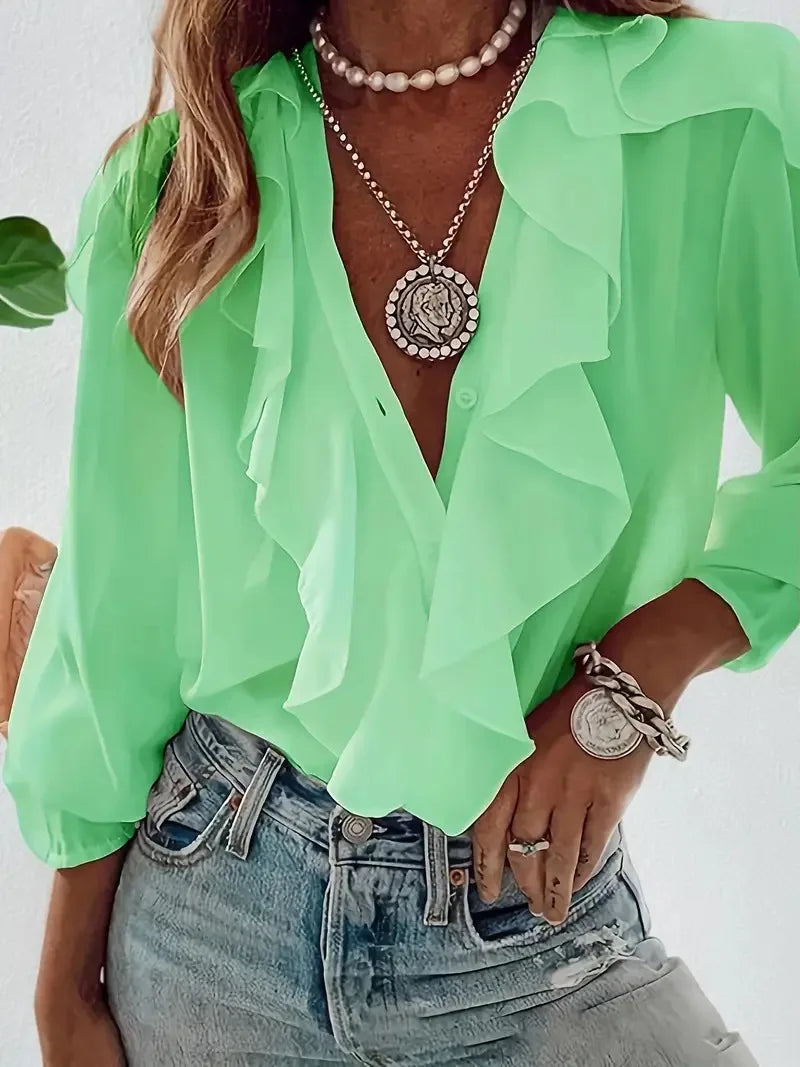 Fashion Ruffles V-neck Blouse Women 2024 Summer Casual Long Sleeve Solid Color Shirts Blouses Tops Femme