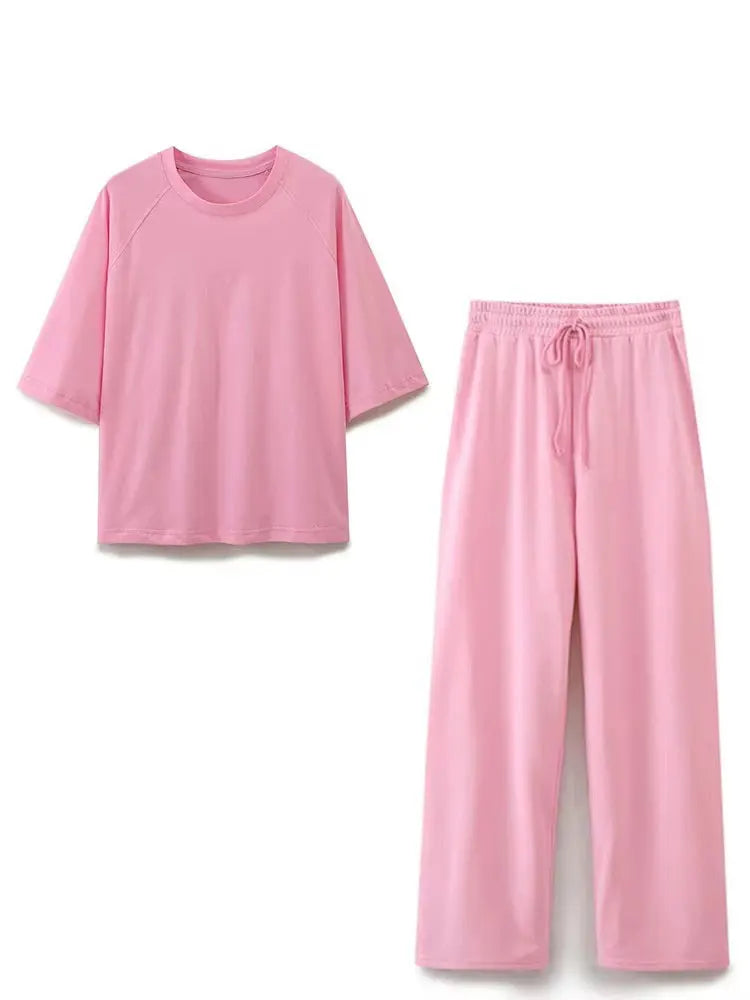 HH Summer Women Casual T Shirt Pant Sets Elegant Pink O Neck Short Sleeve T-Shirt + Drawstring Loose Trousers Spring Suit