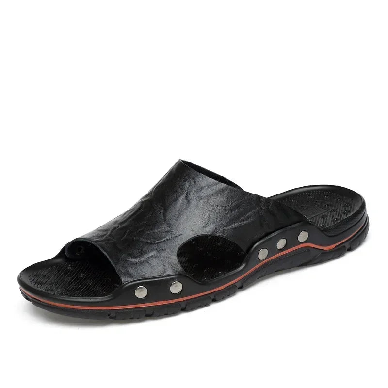 YRZL Mens Sandals PU Leather Classic Summer Men Slippers Soft Black Slippers Big Size Slippers Lightweight EVA Slides for Men