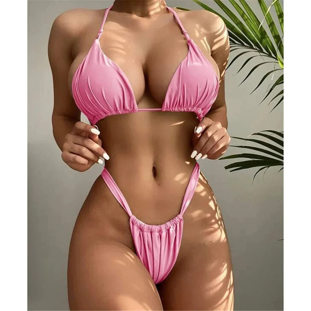 PU Pleated Ruched Bikinis Mini Micro Thong Bikini Women Swimwear Female Swimsuit Two-pieces Bikini Set Halter Bathing Suit Swim