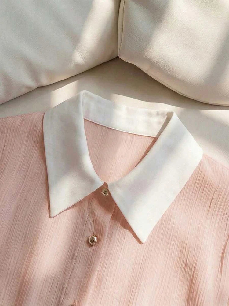 Summer Women Short Sleeve Chiffon Blouse Elegant Contrast Collar Pearl Button Office Casual Textured Breathable Fashion Tops