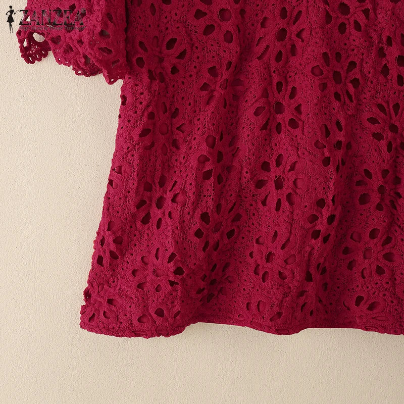 ZANZEA Summer Embroidered Openwork Blouses Women V-Neck Short Sleeve Hollow Out Lace Blusas Mujer Casual Fashion Solid Chemises