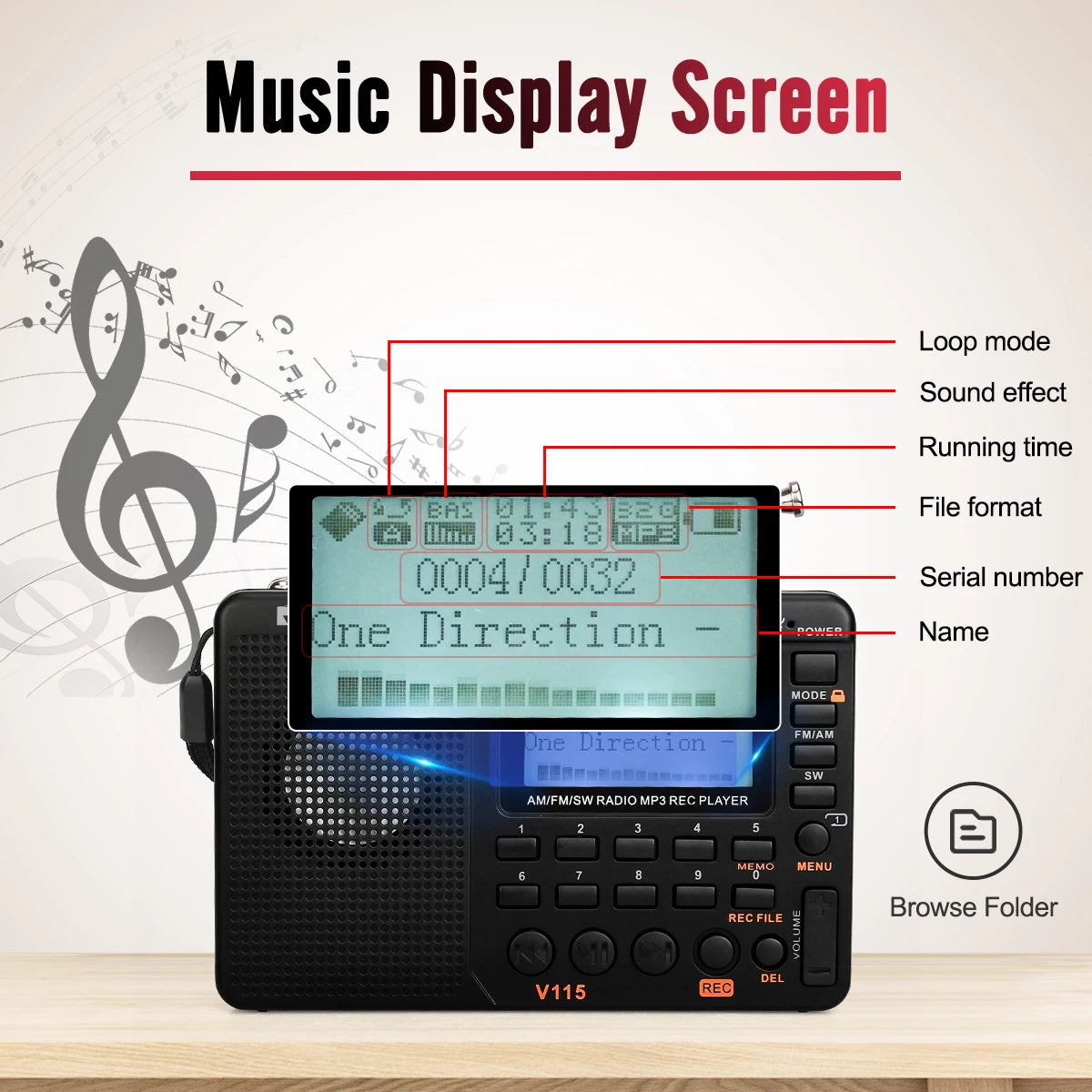 RETEKESS V115 Radio FM AM SW Portable Radios Rechargeable  Radio Batteries multiple bands  USB Recorder Speaker for Elders TX32