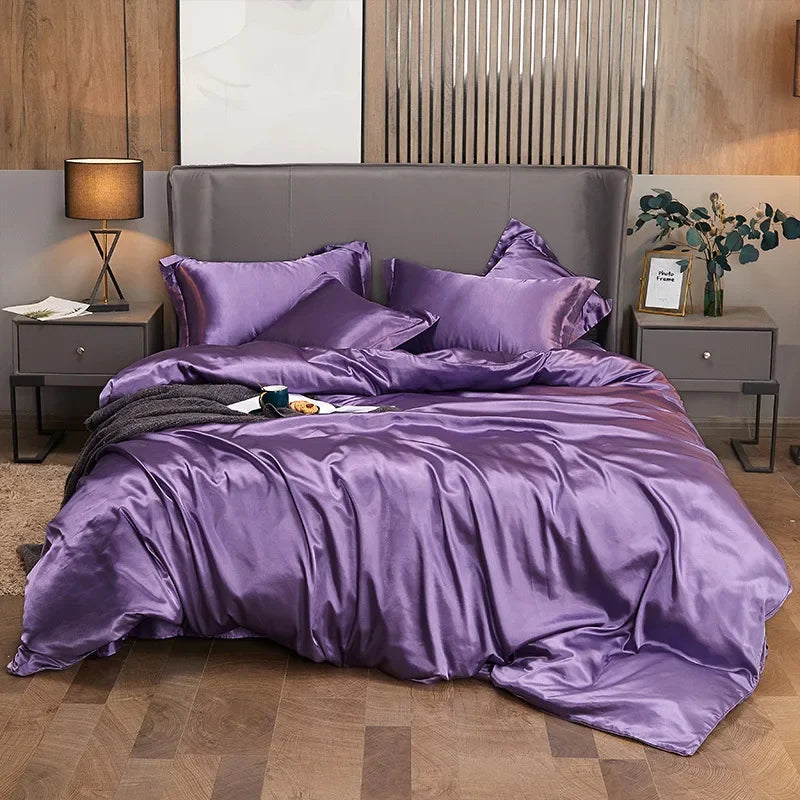 Solid Color Silk-like Bedding European and American Bed Sheet Quilt Cover Pillowcase