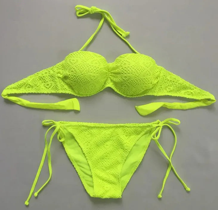 Bikini Solid Strappy Bandage Bikinis Set White Push Up Bikini Swimwear Bandeau Brazilian Swimsuit Bathing Suit Maillot De Bain