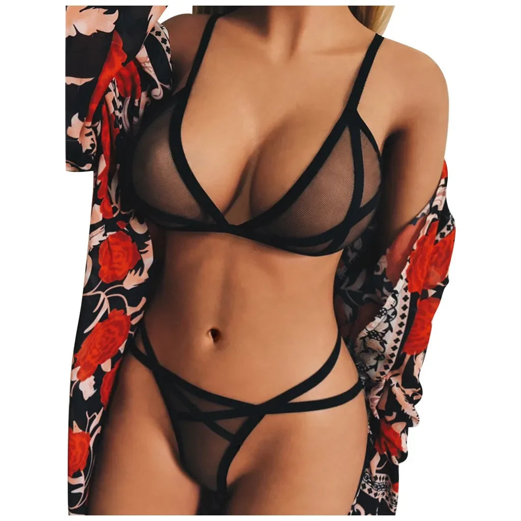 Women Sexy Lingerie Corset Solid Mesh Underwire Sleepwear Underwear Set Underwear Transparent Bra Party Sets Lenceria Femenina