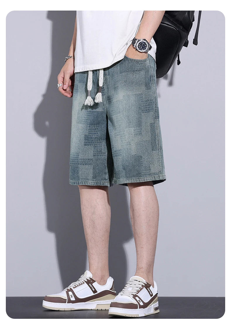 Casual Mens Clothing Baggy Denim Shorts Summer Fashion Starry Sky Pattern Elastic Waist Shorts Men Streetwear Short Jeans Korean