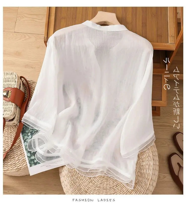 Luxury Embroidery Vintage Shirts Summer Women's Clothing Trends Tops Casual Cardigan Loose Short Coat Patchwork Buttons Blouses