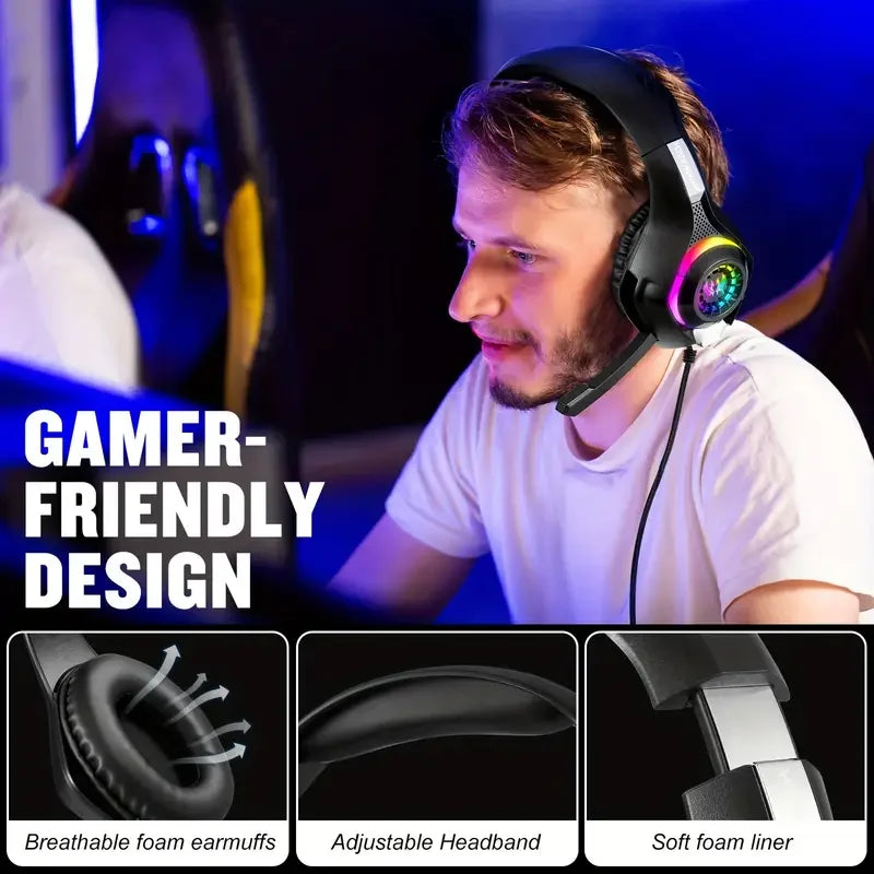 Gaming Headset for PC, PS4, PS5, Gaming Headphones with Noise Cancelling Mic RGB Light, Bass Surround, Soft Memory Earmuffs Over