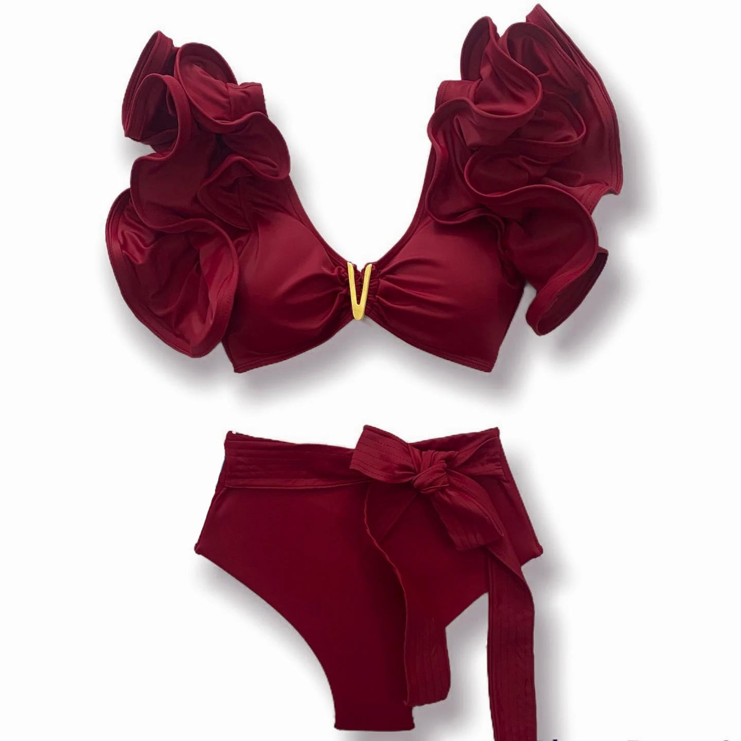 2026 Sexy Bikini Set Women High Waist Classic Off Solid Ruffle Sleeves Swimwear Red Separate Deep V Swimsuit Vintage Beach Set