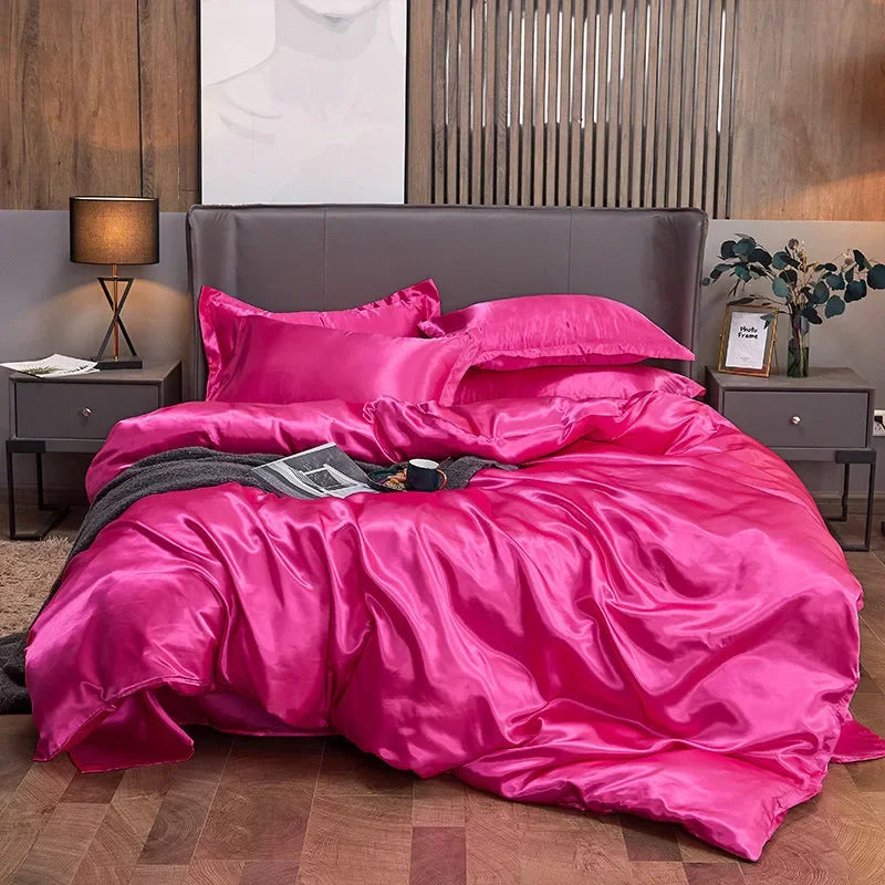 Solid Color Silk-like Bedding European and American Bed Sheet Quilt Cover Pillowcase