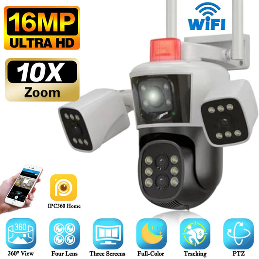 Smart Home WiFi Security Camera 16MP 8K HD Video CCTV Surveillance IP Cameras Outdoor 360° Wireless 4-Lens 3-Screen Camera
