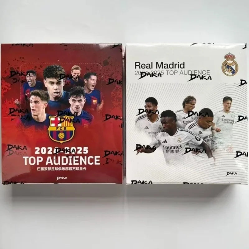 Authentic DAKA Top Audience 2024-2025 Barcelona & Real Madrid Team Jerseys with Autographed Cards and Player Logos.