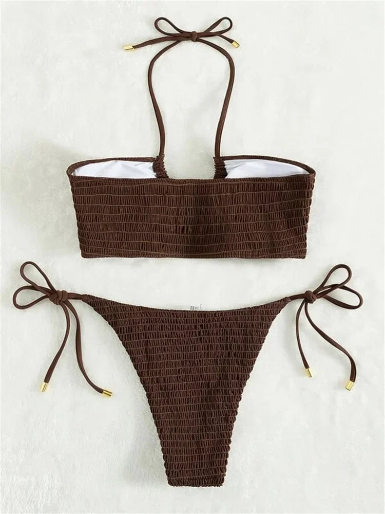 Sexy Triangle Bikini 2026 Women Red Black Ribbed Push Up Micro Swimsuit Cut Out Metal Designer Bathing Suit Knot Thong Swimwear