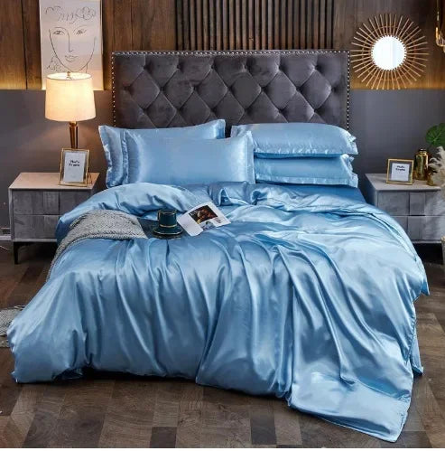 Solid Color Silk-like Bedding European and American Bed Sheet Quilt Cover Pillowcase