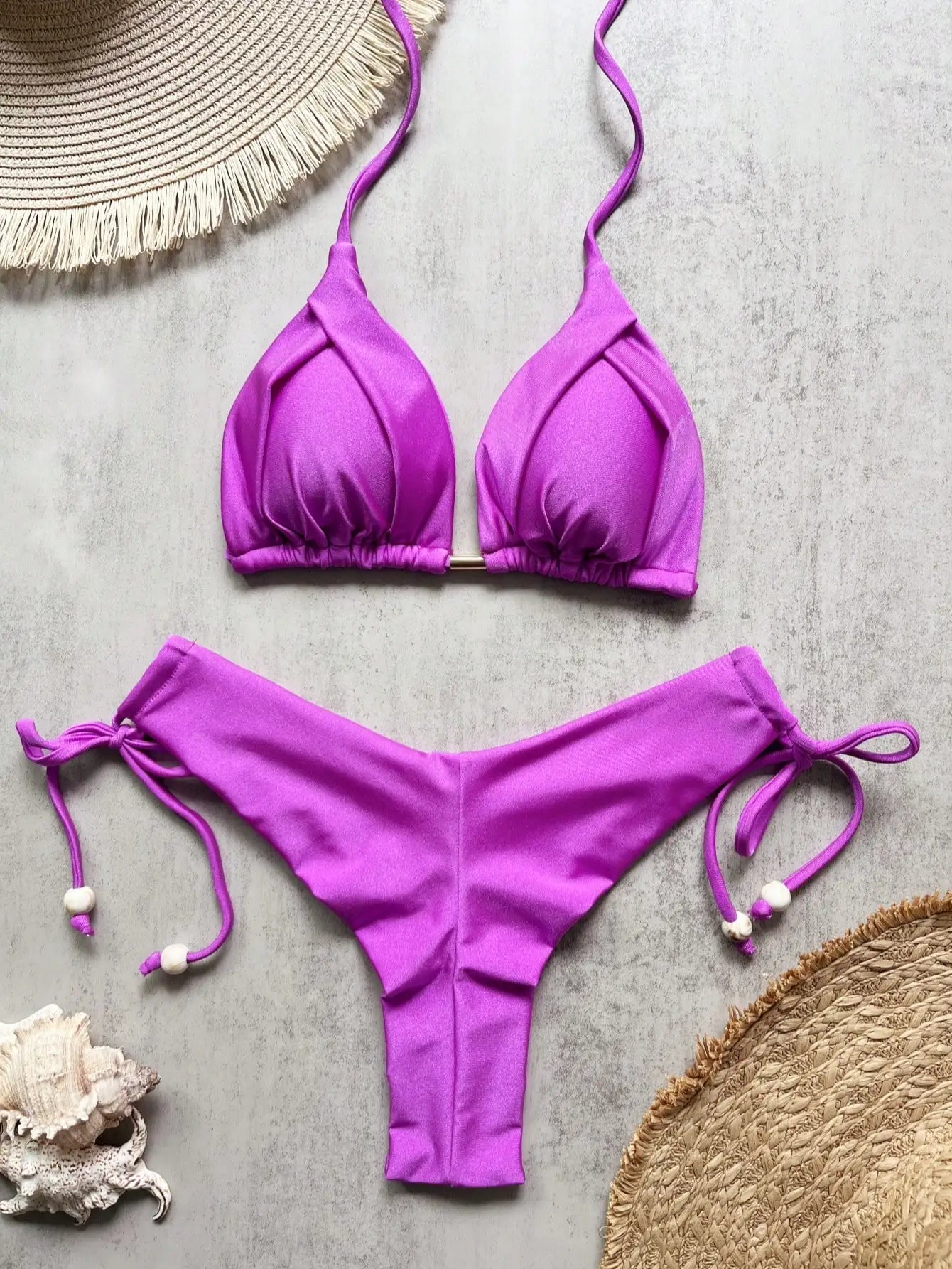 Solid color bikini set 2026 women's new swimsuit 2-piece set bead neck hanging bikinis summer beach Swimwear