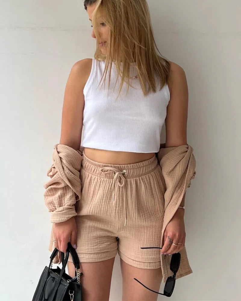 Summer Women's Suit Short Sets Outfits Muslin Suit For Women 2025 Two Piece Female Clothing Solid Button Outfits