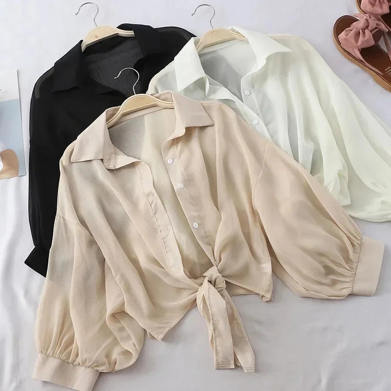 Summer Sun-protective clothing Casual Loose Clothes Elegant Solid Color Tied Waist Blouse Bat Half Sleeve Button Chiffon Shirt