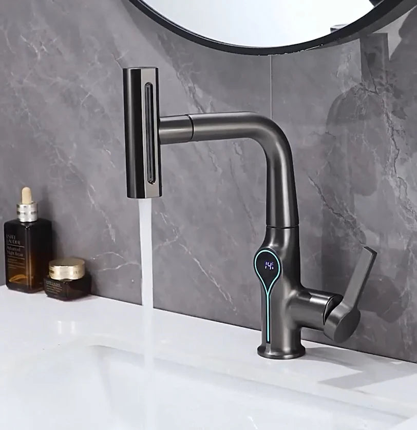 Lift Up Down Stream Sprayer Hot Cold Water Sink Mixer Wash Tap For Bathroom Waterfall Temperature Digital Display Basin Faucet