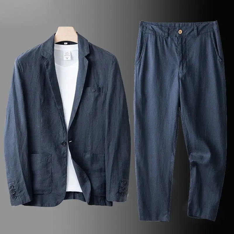 2026Summer Linen Suit Sets Men's Blazers Pants Suit Loose Casual High Street Sunscreen Jackets Long Trousers Set Male Clothes