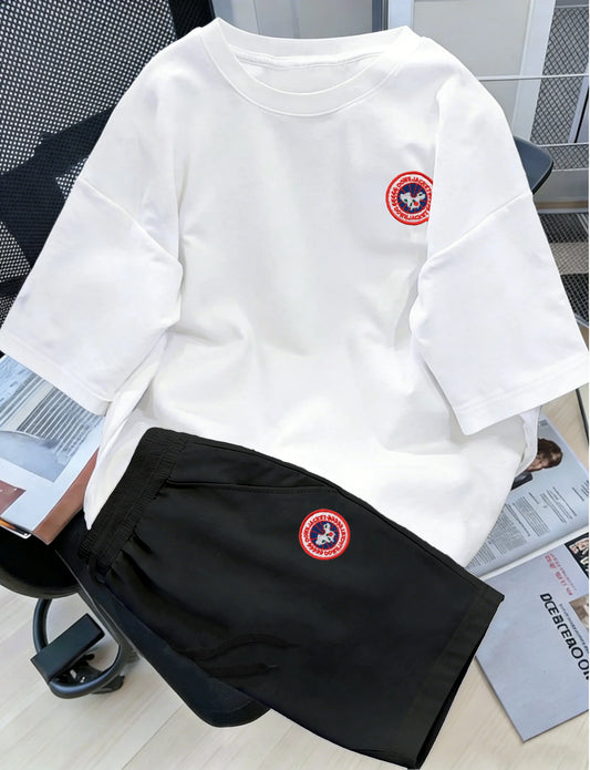 Men's Everyday Casual Comfort Co-Ord Set, Crew Neck T-Shirt & Elastic Waist Shorts with Chest Circular Emblem Print for Daily Us