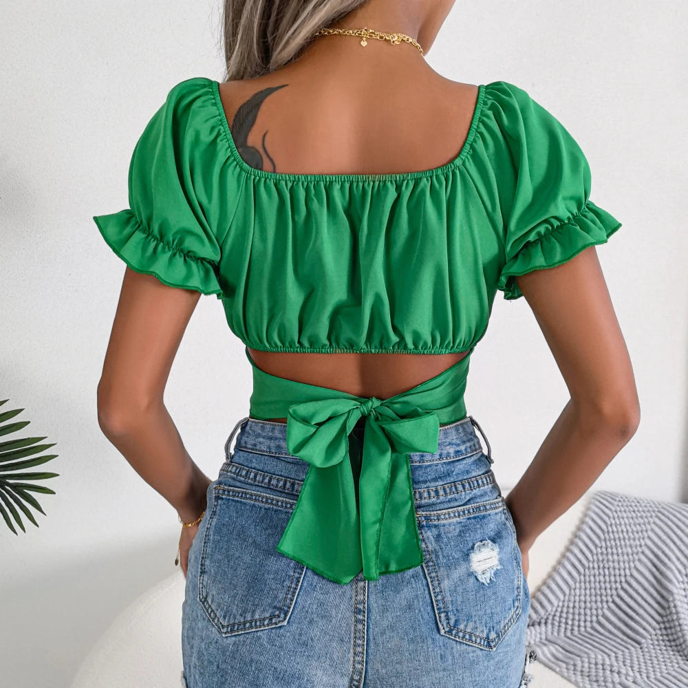2026 Summer Women Casual Short Sleeve Square Collar Crop Top Solid Color Slim Tie Chiffon Blouse Blue Green Black Woman Clothes