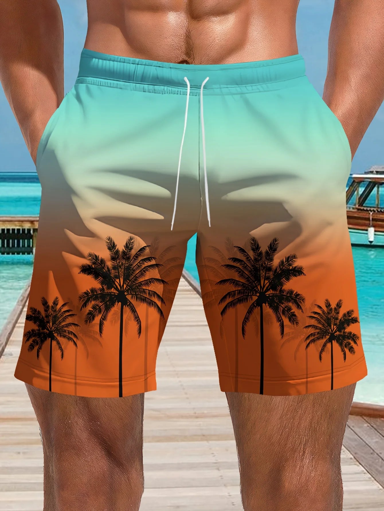 Men's Ocean Coconut Tree Print Beach Shorts Summer New Vacation Surfboard Shorts Casual Classic Men's Quick-Dry Shorts