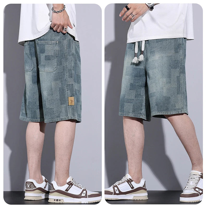Casual Mens Clothing Baggy Denim Shorts Summer Fashion Starry Sky Pattern Elastic Waist Shorts Men Streetwear Short Jeans Korean