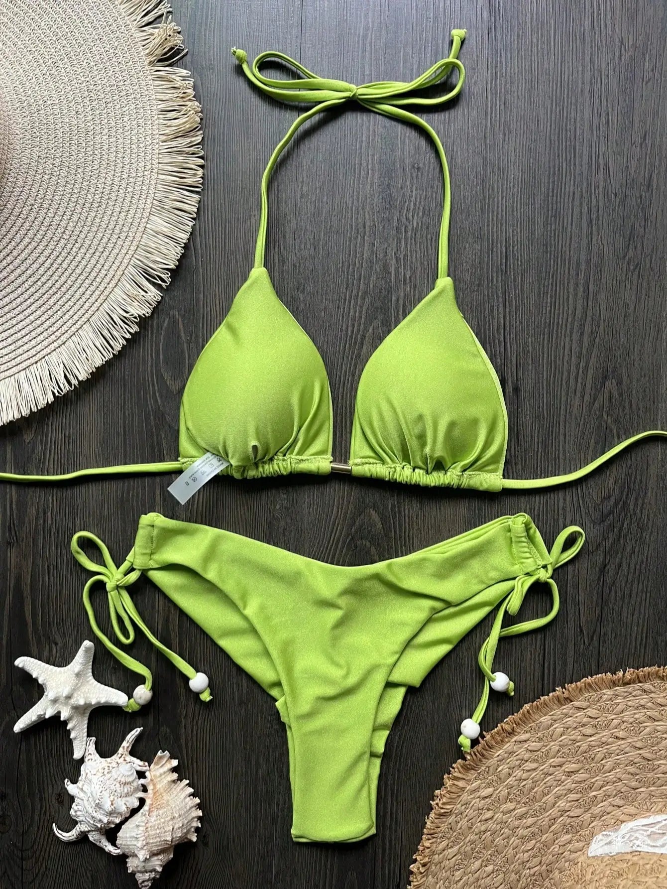 Solid color bikini set 2026 women's new swimsuit 2-piece set bead neck hanging bikinis summer beach Swimwear