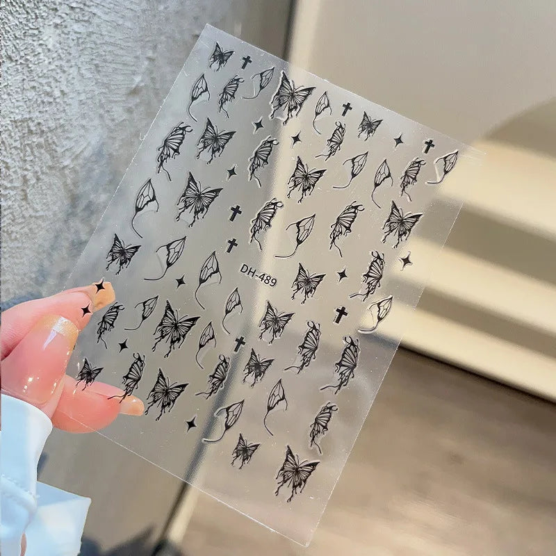 1PCS Black White Butterfly Laser Nail Stickers Y2K Nail Art Decoration Abstract Lines Bronzing Flowers Stickers For Nails