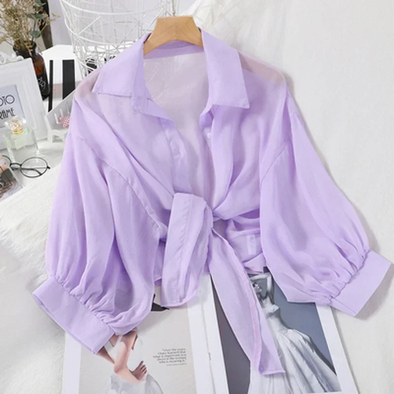 Summer Sun-protective clothing Casual Loose Clothes Elegant Solid Color Tied Waist Blouse Bat Half Sleeve Button Chiffon Shirt