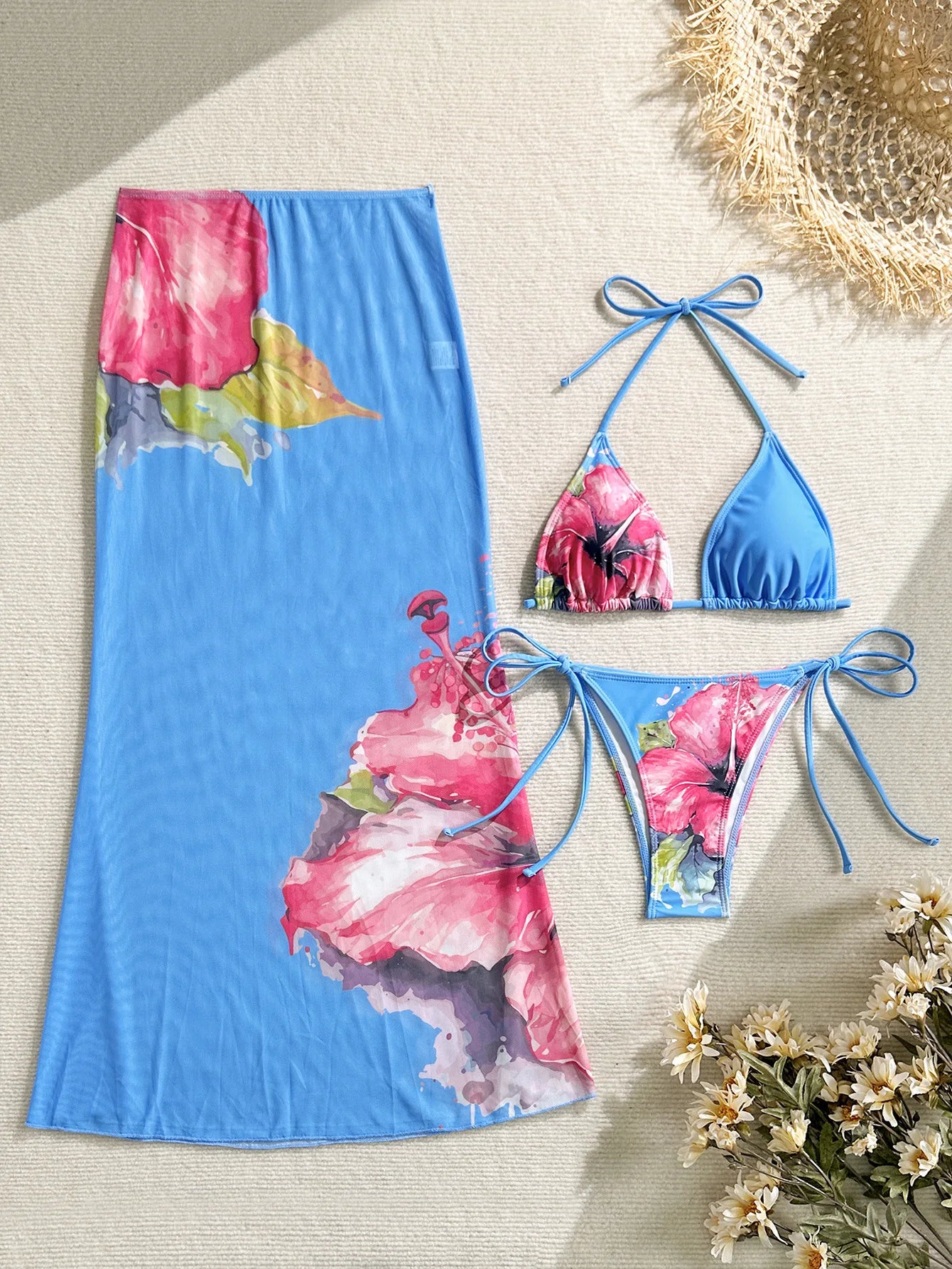 2026 New Flower Print Bikini Set Women's High Waist Long Skirt 3 Piece Swimsuit Sexy Mini Triangle Backless Thong Bathing Suit