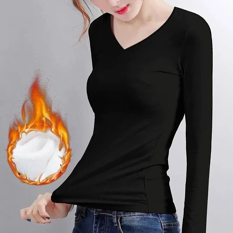 Women Thermal Underwear Winter Turtleneck Bottom Shirt Solid Semi High Collar Long Sleeve Basic T-Shirt Heating Fiber Pullovers