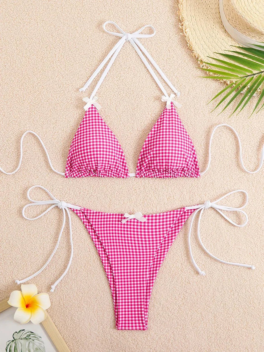 Sexy Bikini Women's Swimsuit Butterfly Decor Checked Swimwear 2026 Halter Thong Bikinis Sets Swimming for Beachwear Bathing Suit