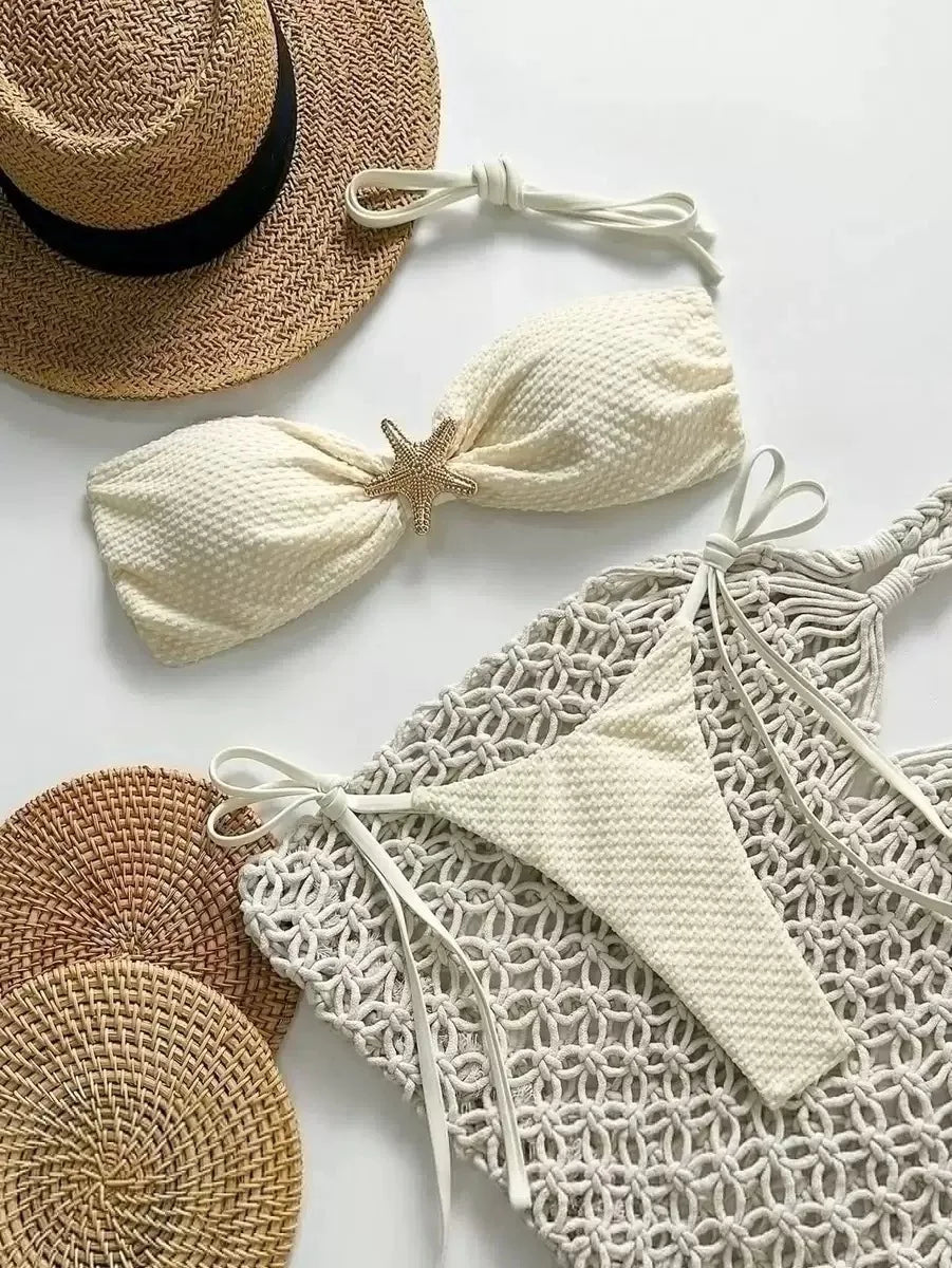 Swimsuit Solid Color Bikini European and American Sexy Lace Up Bikini Women's Small Fresh Split Beach Style Pure Desire Swimsuit