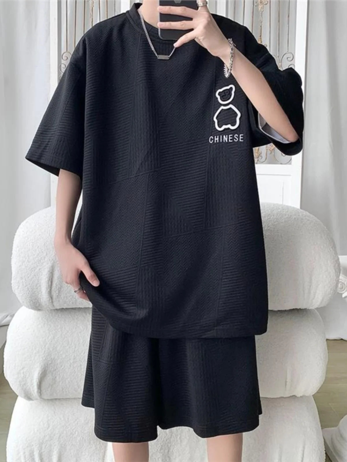 Casual Sportswear Set for Men Summer Short Sleeve Five-Quarter Pants Polyester Fiber Big Size Two-Piece Suit T-Shirt Shorts