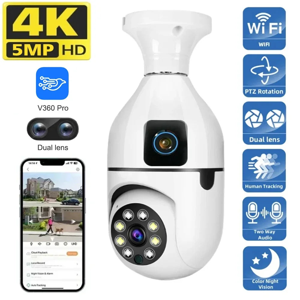 CCTV Security Camera with Dual Lens, PTZ Camera, Night Vision, Human Detection, Wi-Fi, Smart Home, 6MP Bulb, 2.4Ghz