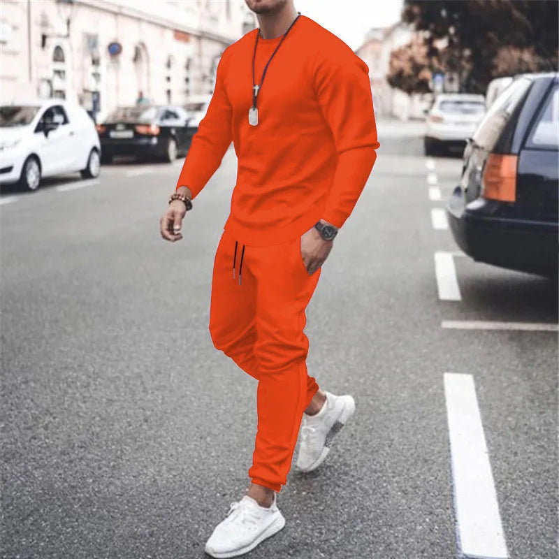 Men's Two-Piece Set O-Neck 2 Pieces Sets Tracksuit Hooded Sweatshirt +Drawstring Pants Male Sport Hoodies Running Sportswear