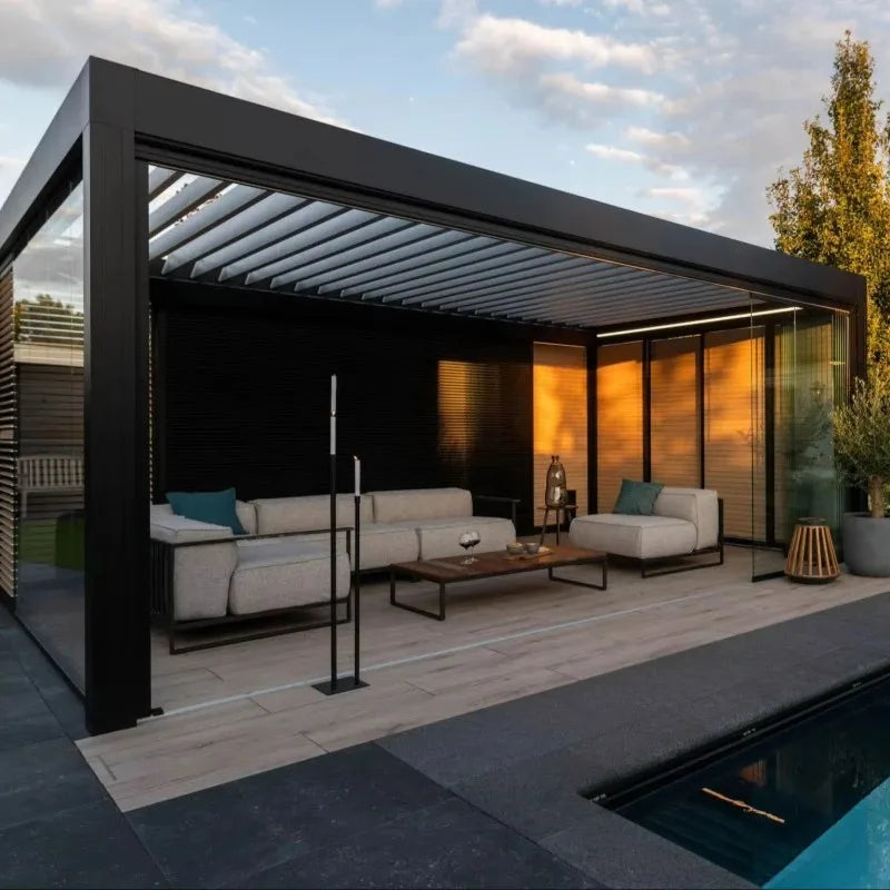Pergola murale bioclimatique en aluminium, toit à persienne motorisée, auvent extérieur étanche pour balcon ou jardin