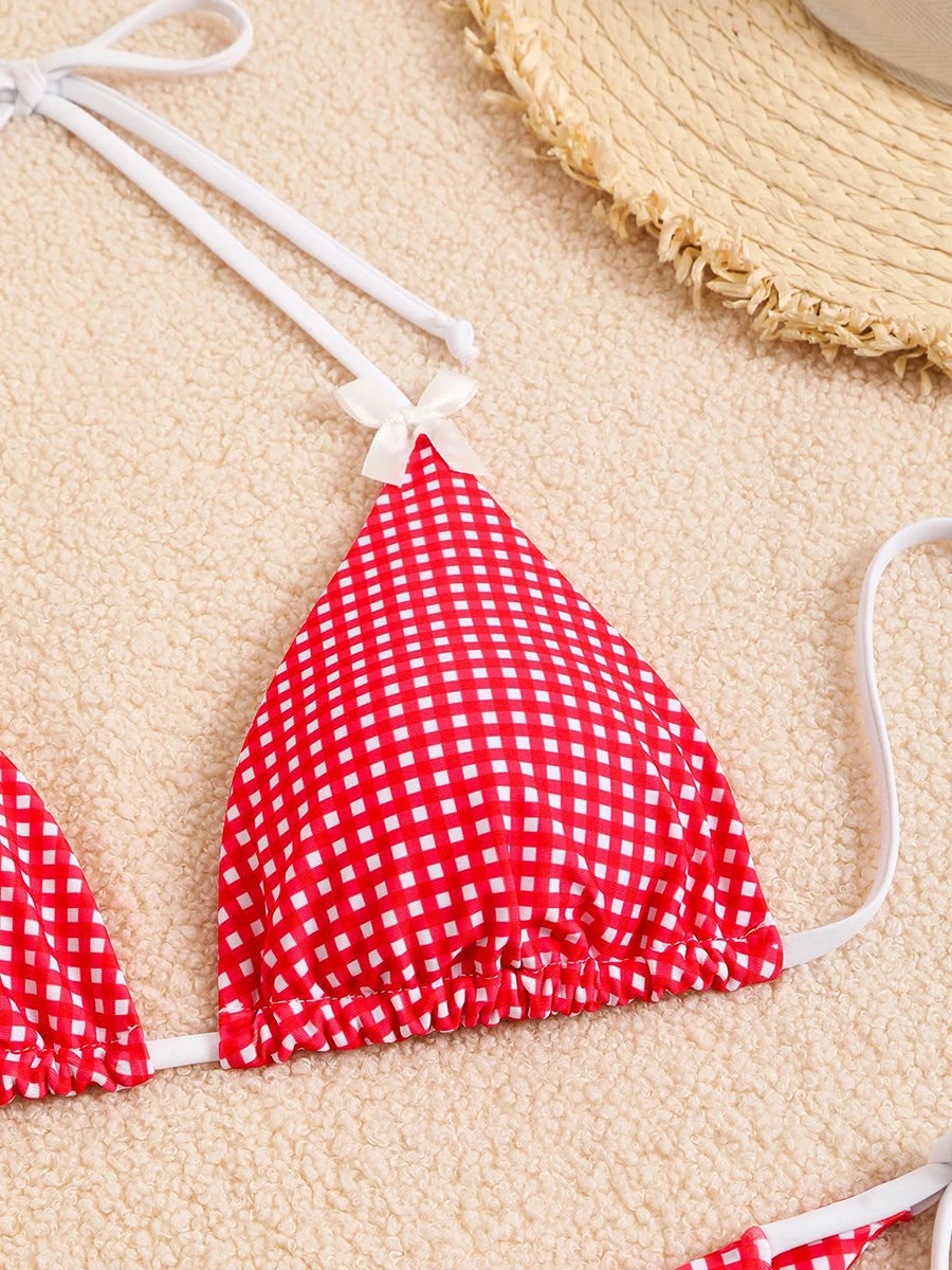 Sexy Bikini Women's Swimsuit Butterfly Decor Checked Swimwear 2026 Halter Thong Bikinis Sets Swimming for Beachwear Bathing Suit