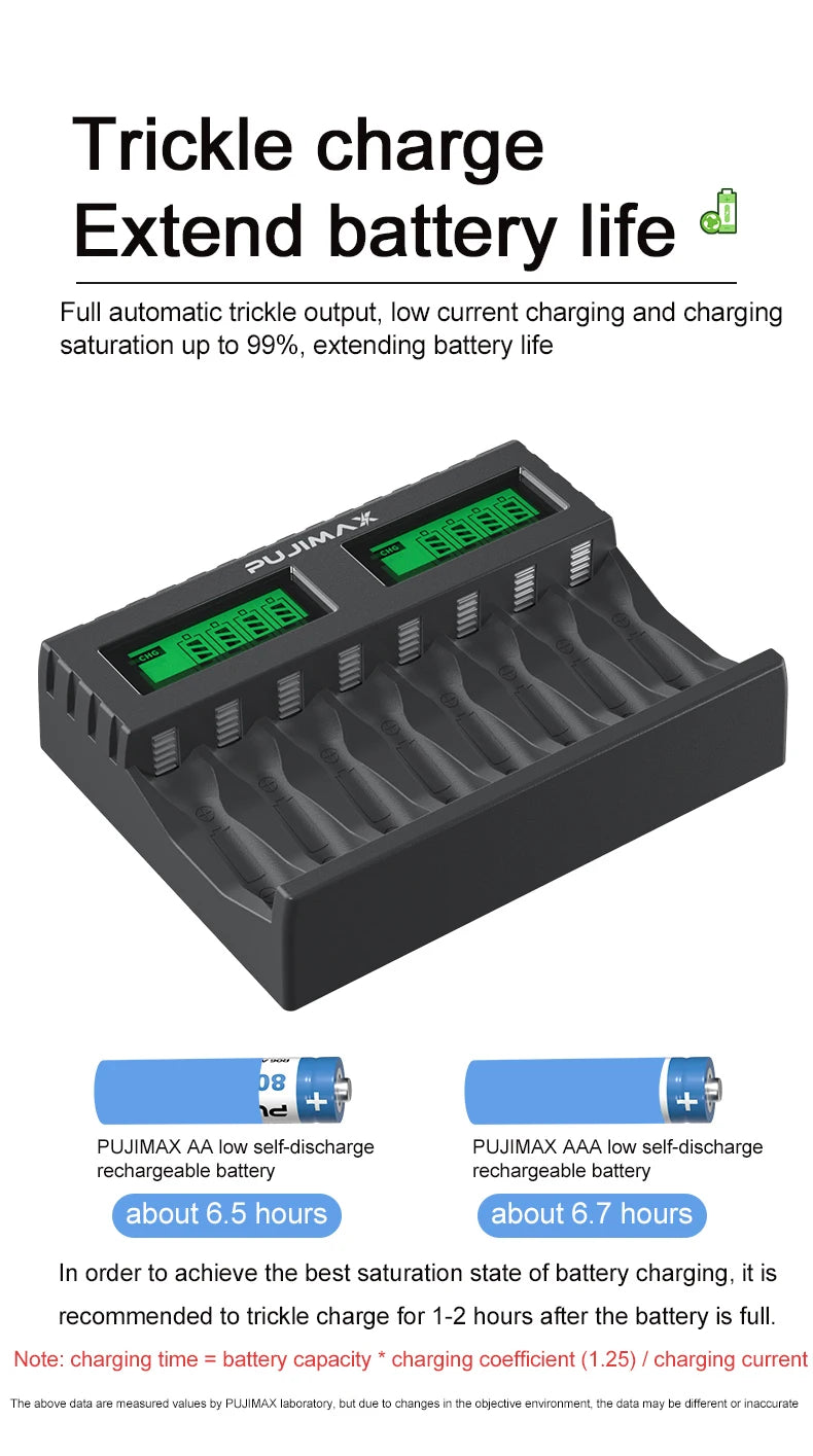 PUJIMAX 8-slot Battery Charger Suitable AAA/AA Rechargeable Battery Short Circuit Protection LED Display Ni-MH/Ni-Cd USB Charger